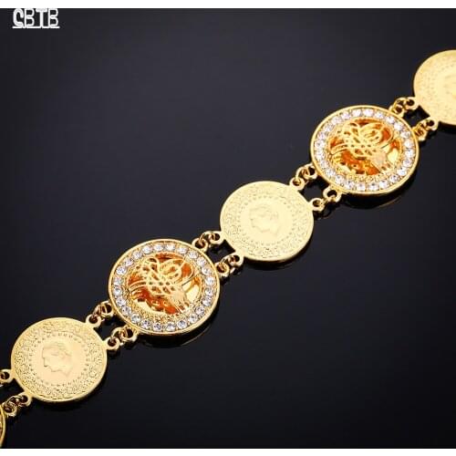 Ladies/Men Gold Crystal Luxury Coin Bracelet Arab Turkish Jewelry Vacuum Electroplating 18K Gold Never Fading Gift Wholesale