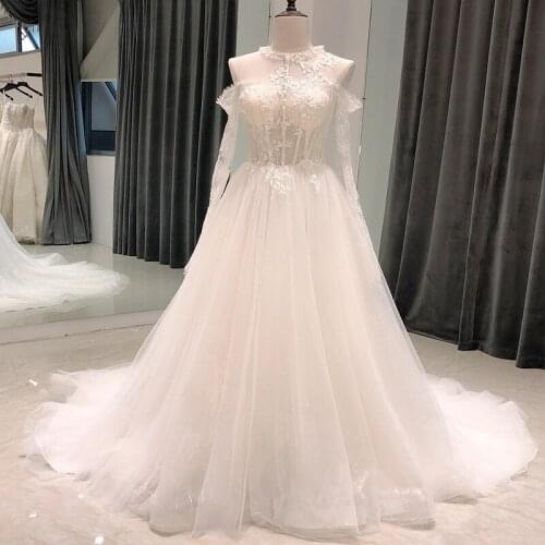 SL8087 boho wedding dress 2020 off shoulder long sleeve lace beaded beach tulle corset civil ball gown novia sencillo princesse