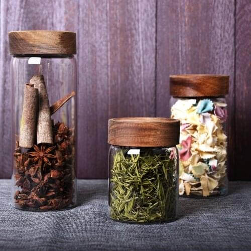 Glass Storage Jars Acacia Wood Lid Sealed Cans Grains Dried Fruit Honey Spice Storage Jars Organizer 335ml 580ml 800ml