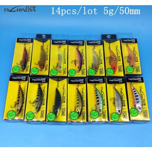 TSURINOYA DW63 14PCS/LOT 50mm/5g Sinking Minnow Hard Bait Fishing Lures Mini Minnow Crankbait Treble Hook Artificial Bait