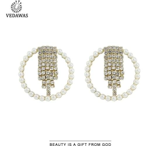 Vedawas Korean Luxury Pearls Circle Stud Earrings For Women Trendy Fresh Rhinestone Bling Fringed Drop Earrings Girlfriend Gifts