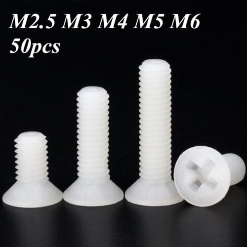 50pcs White Nylon lat Head Screw Insulation Plastic Countersunk Cross Recessed Head Metric M2.5 M3 M4 M5 Bolts 5mm-40mm