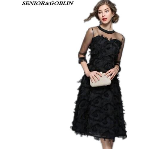 2019 Summer High Qualiy Women Midi Dress Vintage Black Mesh Patchwork Dress Fringed Feathers Flower Appliques Princess Dress