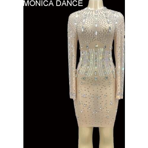 Women See Through Nude Mesh Silver Crystals Dress Nightclub Birthday Celebrate Transparent Long Sleeve Prom Sexy Stage Costume