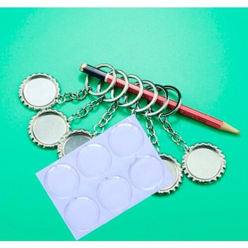 10sets/lot SUTOYUEN Sliver Flattened Bottle Caps With Key Chains And Epoxy Stickers,Bottlecaps Keychains For DIY Pendant Crafts