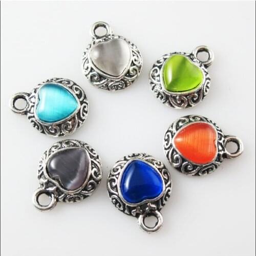 12Pcs Mixed Retro Tibetan Silver Stone Heart Charms Pendants 13x16mm