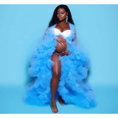 2020 Sky Blue Bridal Tulle Maternity Robes Long Sleeves See Through Tulle Dresses For Party Prom Women Dressing Gown