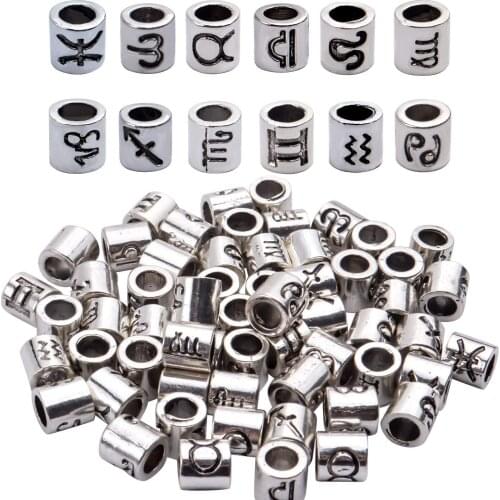 60pcs Antique Silver Zodiac Spacer Beads Alloy 12 Constellations Tube Beads with Large Hole for Necklace Bracelet,4mm Hole