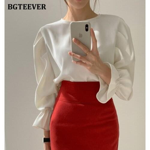 BGTEEVER Casual O-neck Flare Sleeve Women Shirts Autumn Winter Office Wear Loose Female Solid Blouse 2020 Ladies Pullover Tops