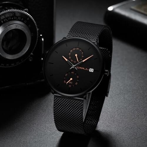 CRRJU Quartz Watch 2019 Men Casual Black Waterproof Watch Stainless Steel Ultra Thin Male Clock 24 hour Watch Relogios Masculino