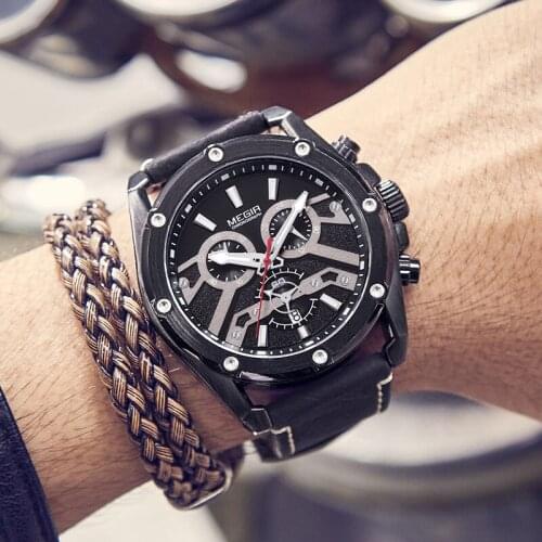 MEGIR Fashion Brand Sports Quartz Men Watches Leather Strap Military Chronograph Waterproof Wristwatch Relogios Masculino Clock