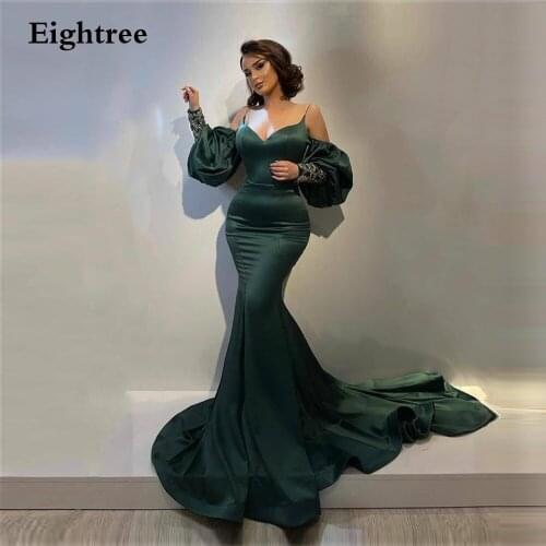 Eightree Royal Green Long Mermaid Evening Dresses Applique Sweetheart Puff Sleeves Party Gown Off Shoulder Formal Night Dresses