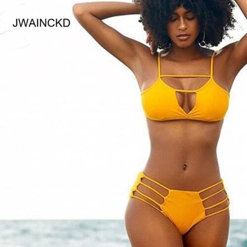 JWAINCKD Bikini Set Swimsuit Beach Wear Bathing Suit Swimwear Women Bandage Biquini Spaghetti Strap Monokini Hollow Solid Bikini