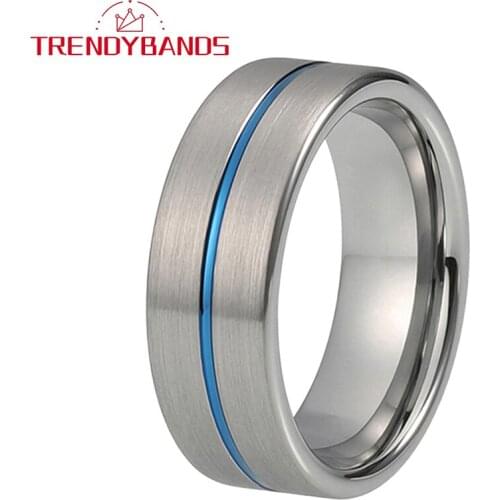 8MM Tungsten Carbide Rings For Men Women Wedding Band Blue Center Grooved Flat Brushed Finish Comfort Fit
