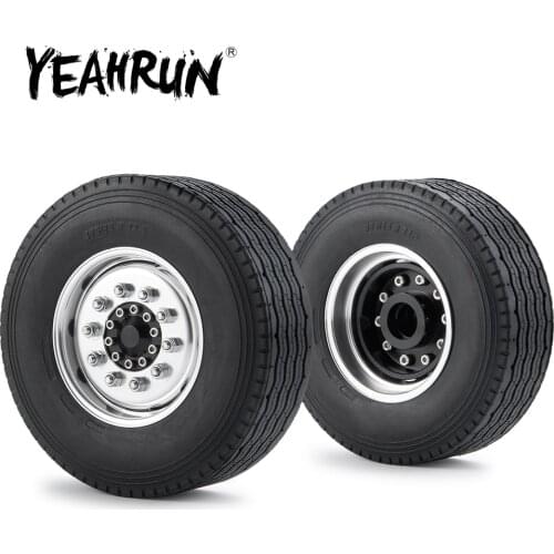 YEAHRUN 2Pcs Metal Alloy Front Wheel Hub Rims with 28mm Width Black Rubber Tires for 1/14 Tamiya RC Trailer Tractor Truck Parts