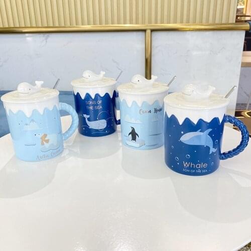 Ins 301-400ml Humpback Whales Polar Bear Penguin Animal Microwave Cartoon Mug with Lid Spoon Simple Ceramic Cup Creative Female