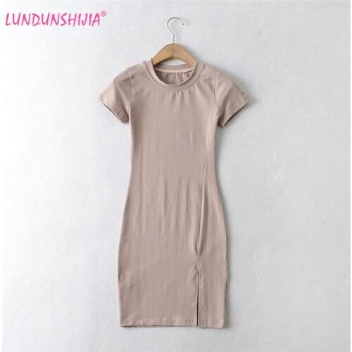 LUNDUNSHIJIA 2021 New Fashion Summer Dress High Quality Cotton Split Short-Sleeve Mini Dress For Women