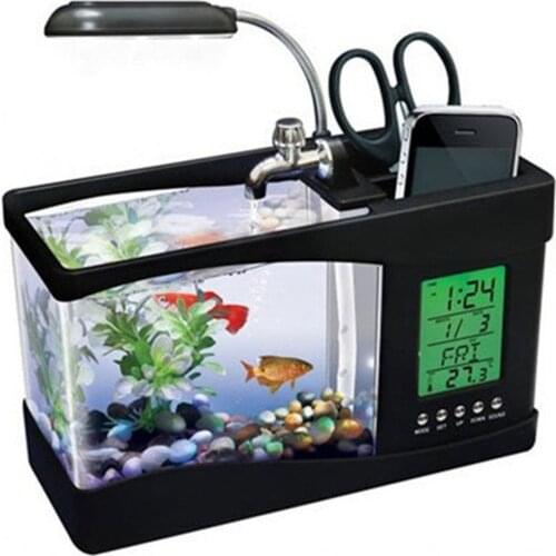 USB Mini Aquarium Fish Tank With LED Lamp Light Fish Aquarium LCD Display Clock, calendar, alarm, temperature