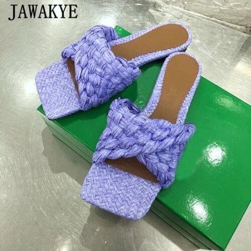 Spring New Woven Fold Flat Mules Women Shoes Square Toe One Strap Beach Dress Slides Quality Sheep Leather Party Slippers Woman