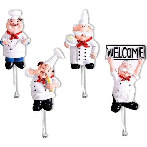 Pack of 4 Resin French Chef Figurine Wall Hooks Decorative Cook Wall Mount Rack Hook Hanger(Assorted Style)