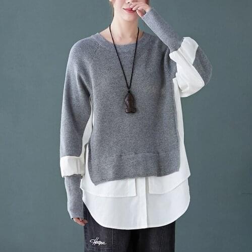 False 2 Pieces Patchwork Women Sweater Pullovers Winter New Loose Knitted Female Pulls Outwear Tops