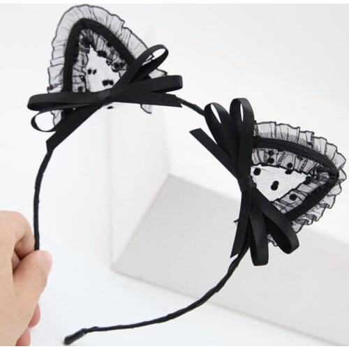 New Mesh Lace Cat Ear Hair Hoop With Bell Cosplay Ribbon Bow Costume Fox Ears Hairband For Women Party Headdress Accessory