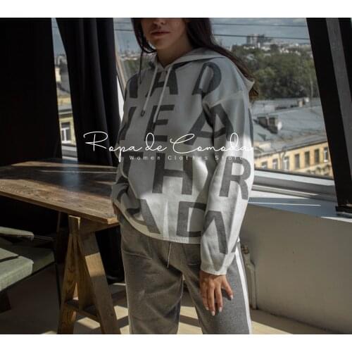 Fall Winter Knitted Cashmere Letter Sweater Pullovers Hoodie Sports Suits For Women Two Pieces Set Tracksuit 2021 Casual Trouse