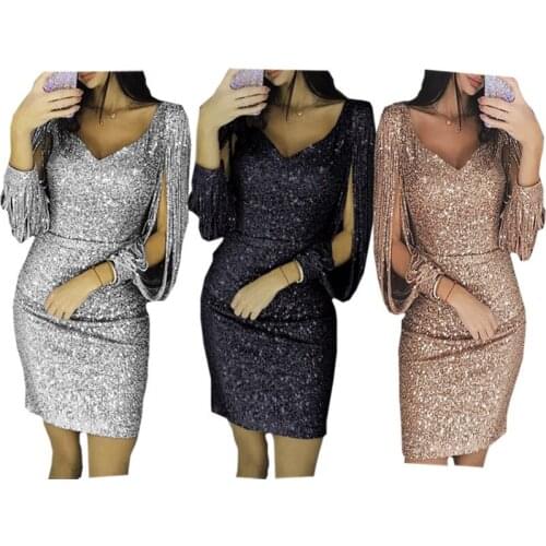 V Lead Sparkling Tassels Long Sleeve Self-cultivation Package Buttocks Dress