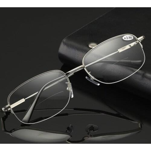 Progressive Bifocal See Near and Far Reading Glasses Men Ultralight Metal Half-rim Alloy Superthin Anti Blu +1 +1.5 +2 +2.5 to 4