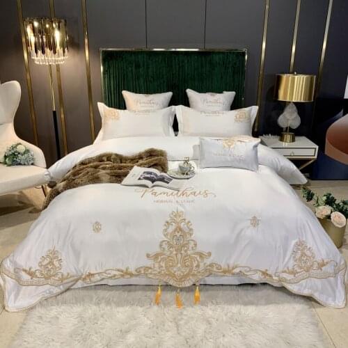 Luxury White Smooth Silk Cotton Gold Embroidery Bedding Set Tassels Duvet Cover Fitted Sheet Bed Sheet Pillowcases Home Textiles