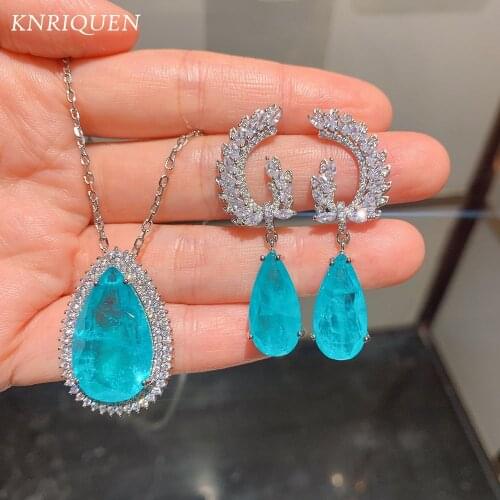 Luxury Paraiba Tourmaline Blue Stone Aquamarine Diamond Angels Wing Drop Earrings Womens Pendant Necklace Wedding Jewelry Sets