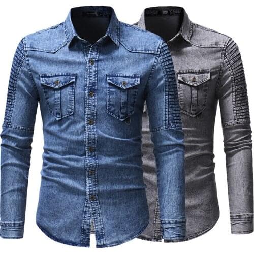 Blue Pleated Denim Shirt For Mens Spring/Autumn Fashion Brand Shirts Men High Quality Cotton Shirt Male