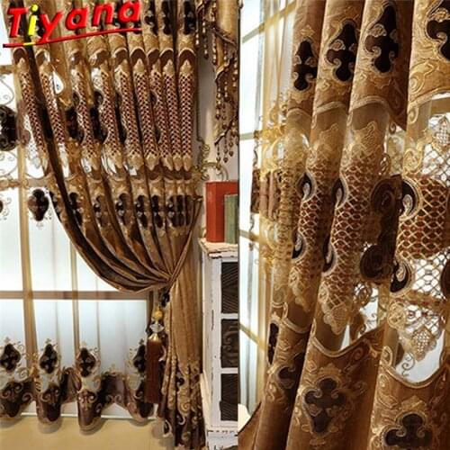 Nordic Luxury Chenille Brown Geometry Curtains for Living Room High-end Embroidery Yarn Window Drapes for Villa Bedroom WP082#40
