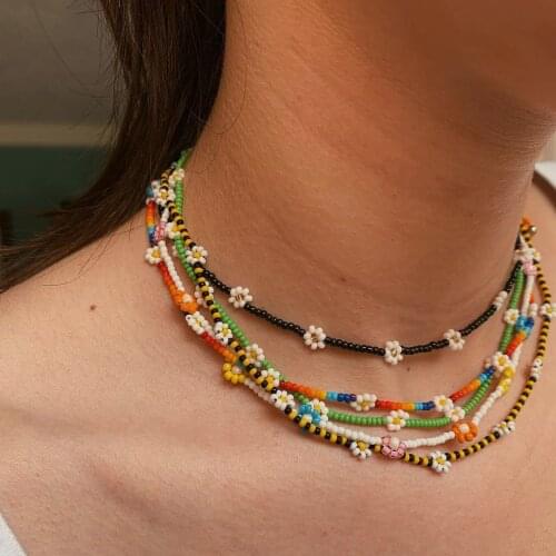 Vedawas 2021 New Korea Lovely Daisy Flowers Colorful Beaded Charm Statement Short Choker Necklace for Women Vacation Jewelry Set