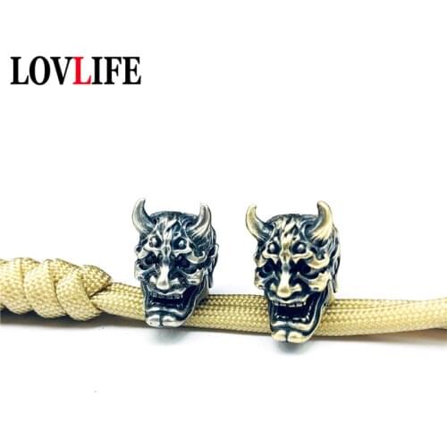 Japanese Ghost Hannya Mask Brass Keychains Pendants Vintage Paracord Rope Knife Beads EDC Outdoor Tool DIY Bracelets Accessories