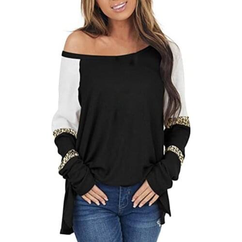 Leopard Patchwork Off Shoulder Women Blouse 2021 Autumn Shirts Contrast Color O Neck Long Sleeve Pullover Blouses Top Streetwear