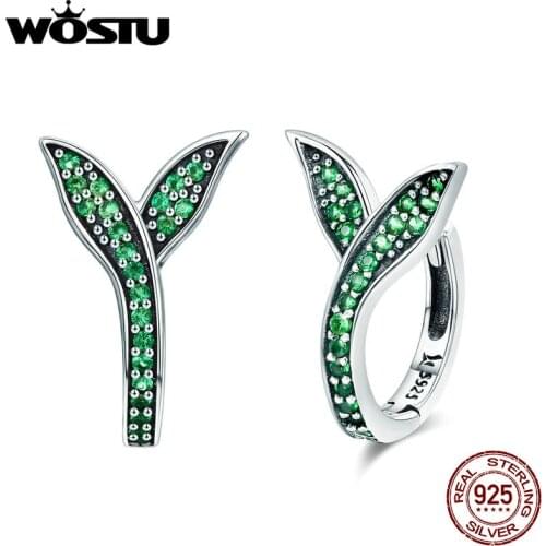 WOSTU Spring New 925 Sterling Silver Sprout Green Leaves Stud Earrings for Women Fashion Designer Jewelry Brincos Gift CQE295