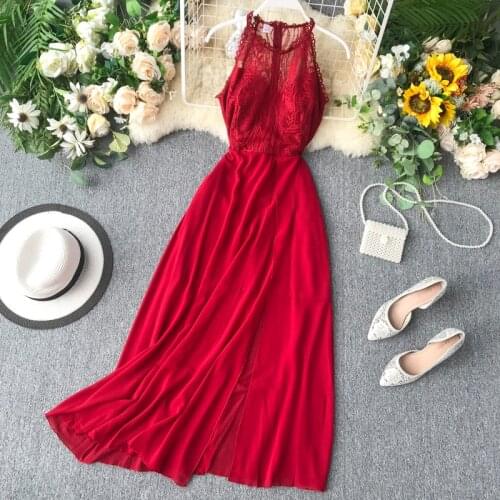 2021 Sexy Halter Neck Lace Patchwork Maxi Long Dress Elegant Summer Party Women Tank Sundress Sexy Split Casual Evening Vestidos