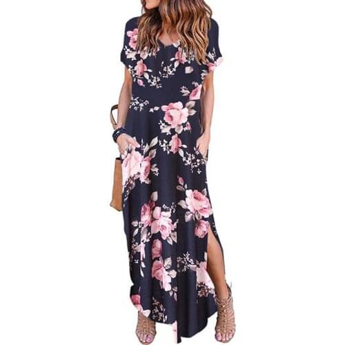 Womens Dress 2021 V Neck Bat Sleeve Floral Print Boho Beach Long Dress Elegant Fashion Party Summer Sundresses Female Robe