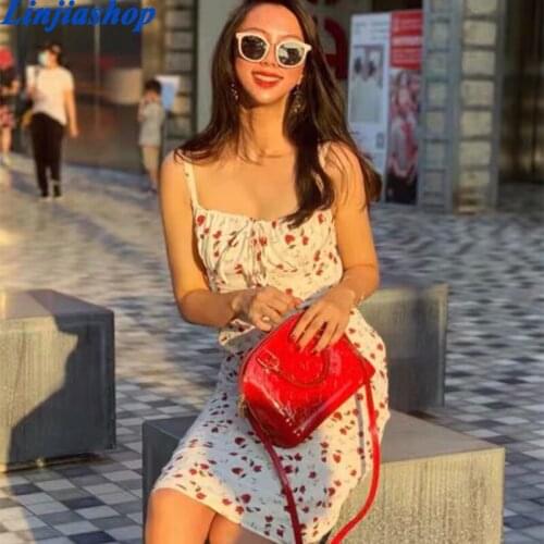 Summer women midi dress red floral print white vintage front drawstring long dresses sexy femme vestidos