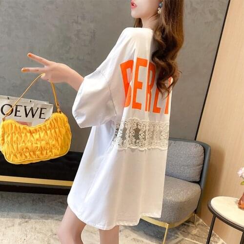 #0214 White Black Short Sleeves Women Summer Korean Style Casual Loose Print Lace Tops T-shirt Preppy Style Long T Shirt Clothes