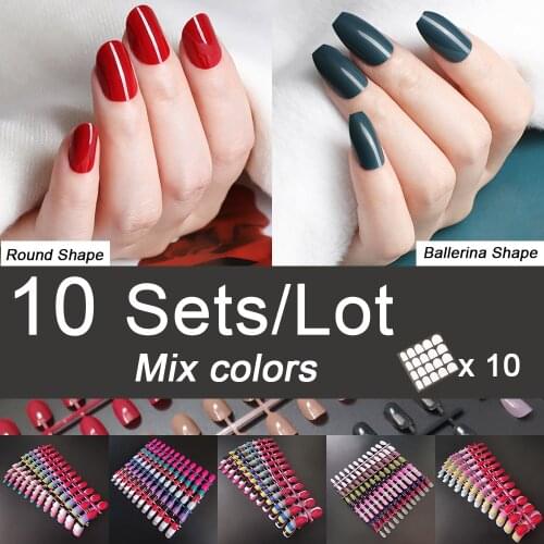 10 Sets/Lot Ballerina Coffin Round Oval Shape Press On Colored False Nail Tips With 10 Sets Of Nail Adhesive Fake Nail DIY