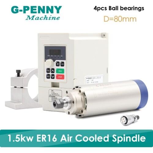 New Product! 220V 1.5KW ER16 CNC Air Cooled Spindle Motor 80mm Air Cooling 4Bearings CNC& 220v 1.5kw VFD inverter & 80mm bracket