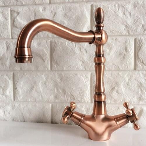 Antique Red Copper Brass Kitchen Bathroom Vessel Sink Single Hole Basin Swivel Spout Faucet Dual Cross Handles Water Tap arg054