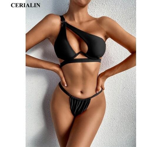 Sexy Solid Color Swimsuit Women Swimwear One Shoulder Bandage Bikini Push-up Thong Hollow Out Swimming Bathing Suit Beachwear