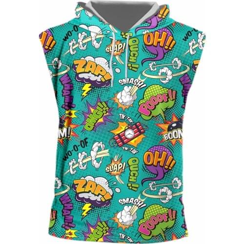 IFPD 3D Comic Graffiti Print Hooded Tank Top Casual Street Style Hip Hop Sleeveless Vest Gym Clothing Men College Streetwear