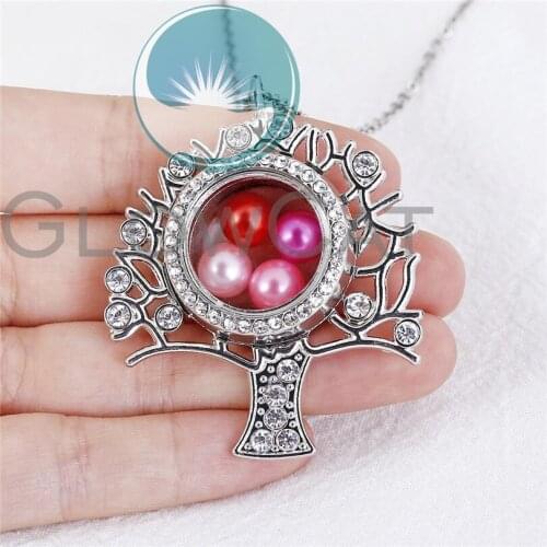 Rhinestone Locket Pendant 50cm Steel Chain Silver Color Life Tree Floating Glass Locket Necklace Mothers Day Gift