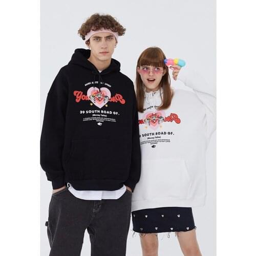 Fashion Couple Clothes Love Pattern Print Loose Hooded Sweatshirts Men Women Autumn Winter Plus Velvet Pullover Hoodies Overcoat
