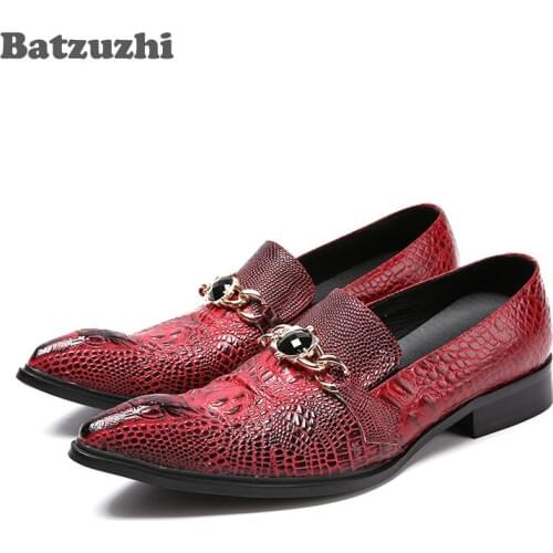 Batzuzhi Italian Style Fashion Mens Leather Shoes Wine Red Crocodile Skin Pattern Leather Dress Shoes Men Pointed Toe, EU38-46