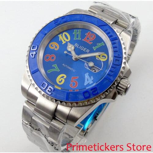 BLIGER 40mm blue dial blue ceramic rotating bezel luminous marks date sapphire glass automatic movement mens watch